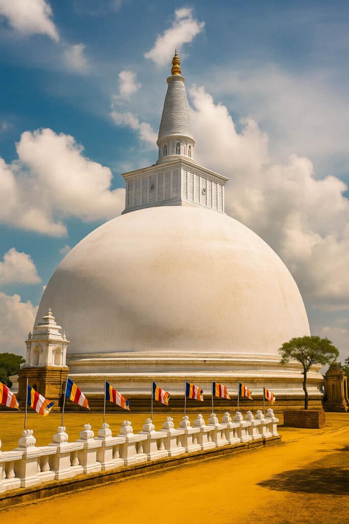Les meilleures villes à visiter au Sri Lanka : un guide pratique des régions, itinéraires et points de chute 3 Le stupa Ruwanwelisaya à Anuradhapura, l'un des sites bouddhistes antiques les plus importants du Sri Lanka, entouré de drapeaux de prière et de vastes espaces ouverts.