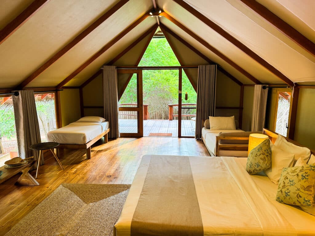 ¿Nos volveríamos a alojar en Thamaravila Wilpattu? Nuestra honesta reseña de safari 2 Interior espacioso de un chalet tipo tienda en Thamaravila Wilpattu con puertas orientadas al bosque y materiales naturales.