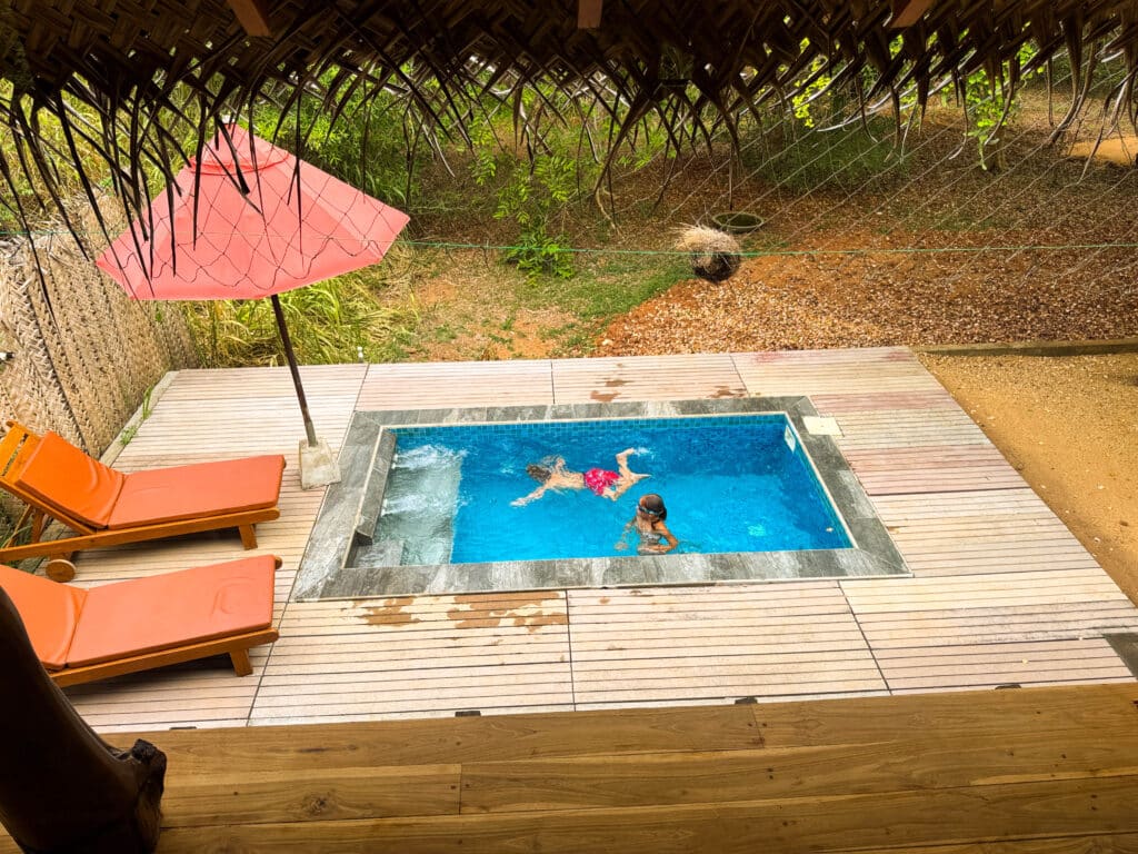 ¿Nos volveríamos a alojar en Thamaravila Wilpattu? Nuestra honesta reseña de safari 9 Zona de piscina con vistas al bosque en Thamaravila Wilpattu, un lugar acogedor para relajarse entre safaris.