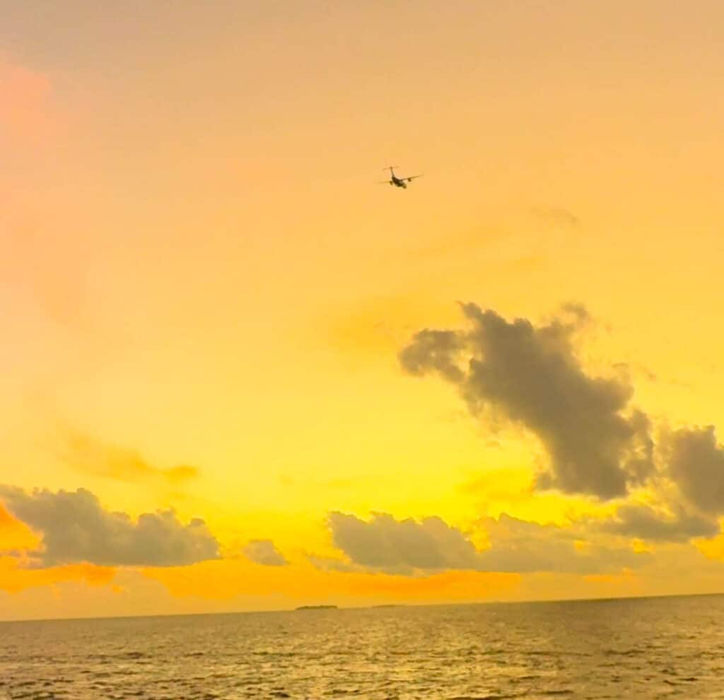 Seaplane flies over a golden ocean at sunset near a remote sandbank maldives.
