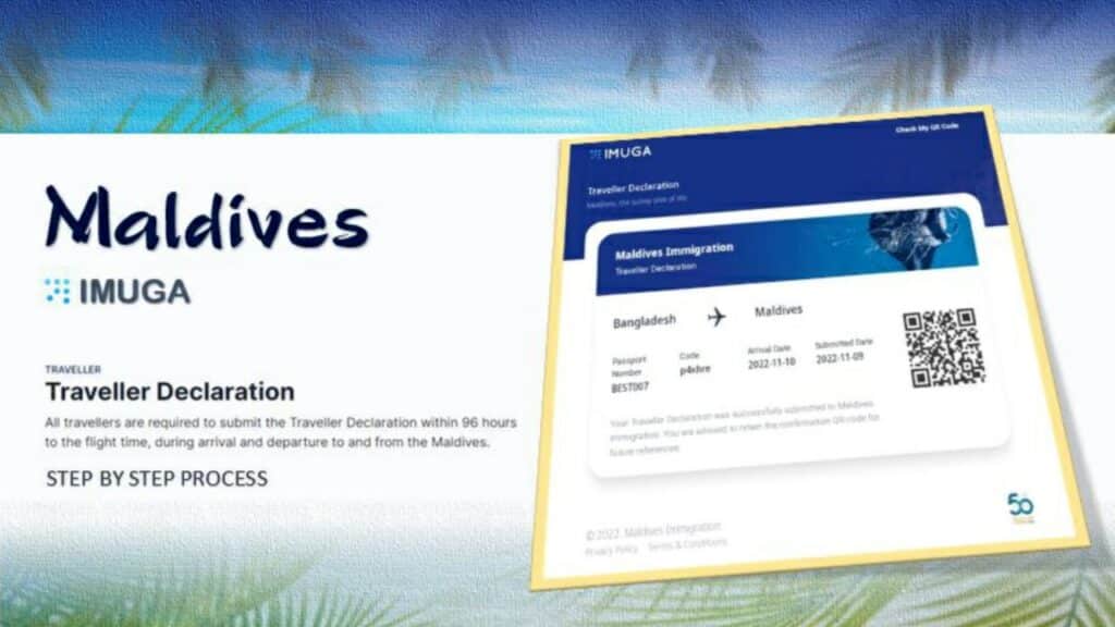 Digital Maldives IMUGA traveller declaration form displayed with tropical-themed background.