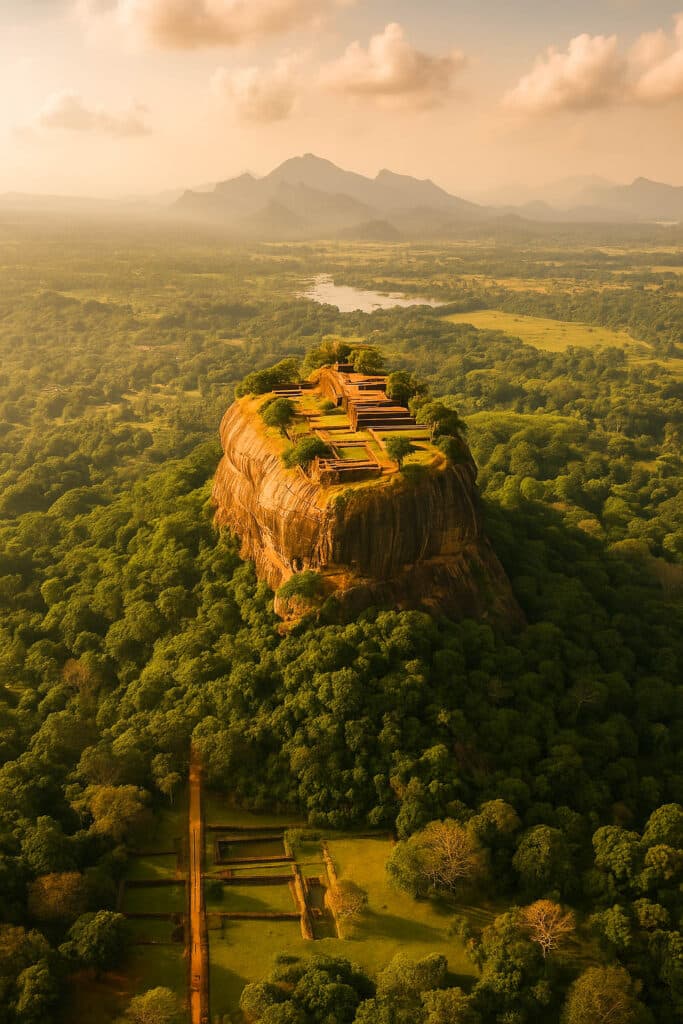 طقس سريلانكا في فبراير: أفضل الأماكن للزيارة ودليل السفر الشامل 6 منظر جوي لقلعة Sigiriya Lion Rock المحاطة بمناظر الغابات الكثيفة في المثلث الثقافي لـ Sri Lanka