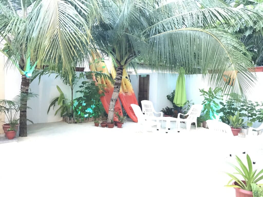 Rasdhoo Maldives: la guida completa alle immersioni e alle guesthouse nel North Ari Atoll 9 area salotto in giardino sabbioso con kayak e palme presso una guesthouse di Rasdhoo