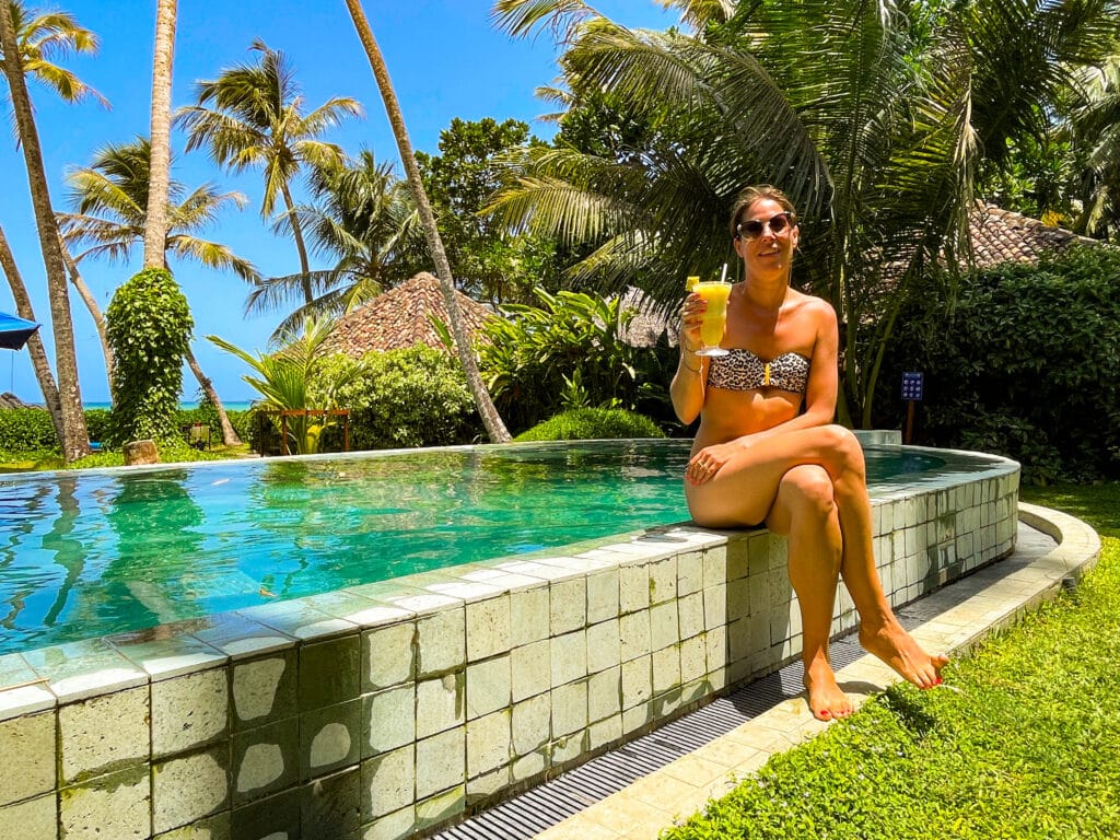 Sri Lanka South Coast: Beaches, Surf Towns & Coastal Travel 8 garden cabanas and swimming pool at Rockside Cabanas in Unawatuna set in tropical greenery