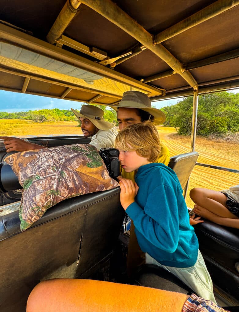 safari jeep on dirt track through jungle on a safari in Sri Lanka