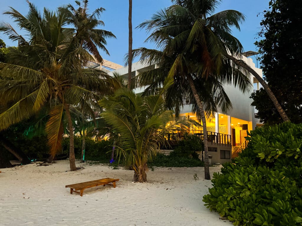 Le Maldive valgono la spesa? Un confronto onesto con lo Sri Lanka 3 guesthouse su una spiaggia di sabbia bianca sull'isola locale di Dharavandhoo alle Maldive al tramonto con palme