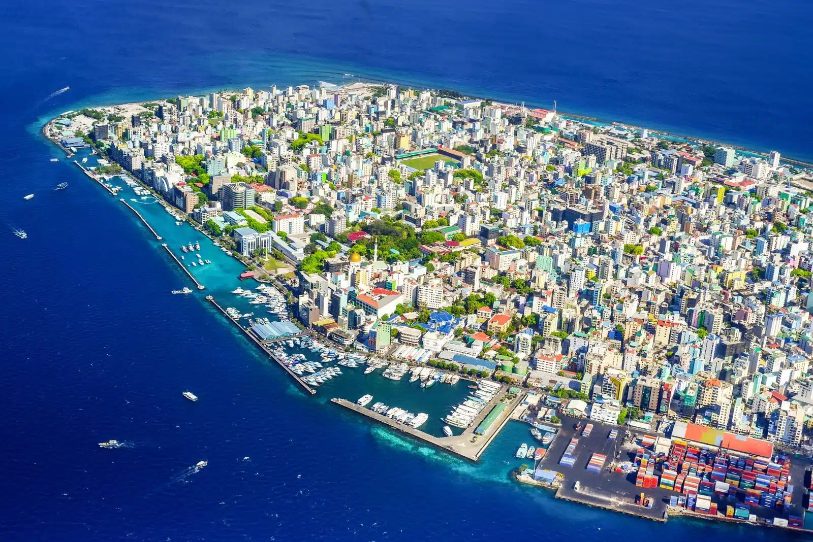 Villingili island district of Malé Maldives residential area with colourful houses